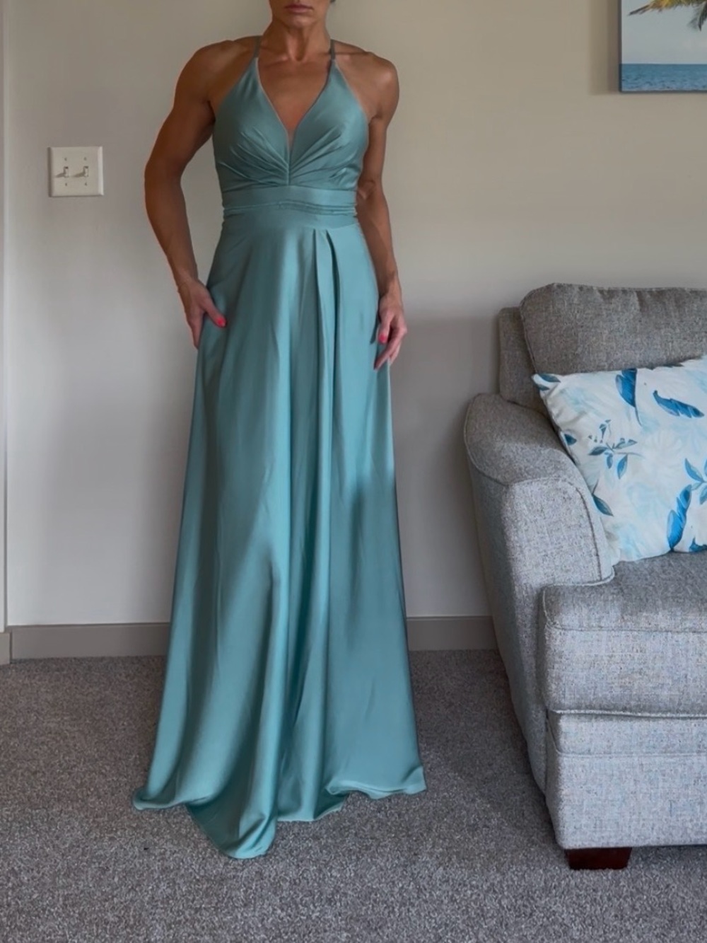 DaVinci Sage Green Halter Satin Maxi Dress